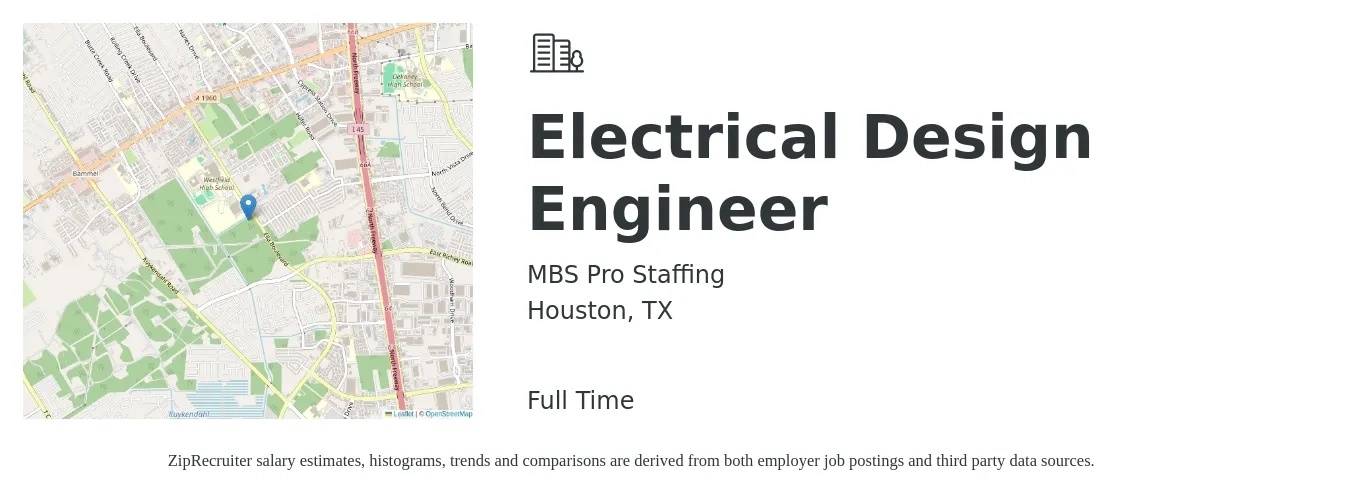 MBS Pro Staffing job posting for a Electrical Design Engineer in Houston, TX with a salary of $78,800 to $110,300 Yearly with a map of Houston location.