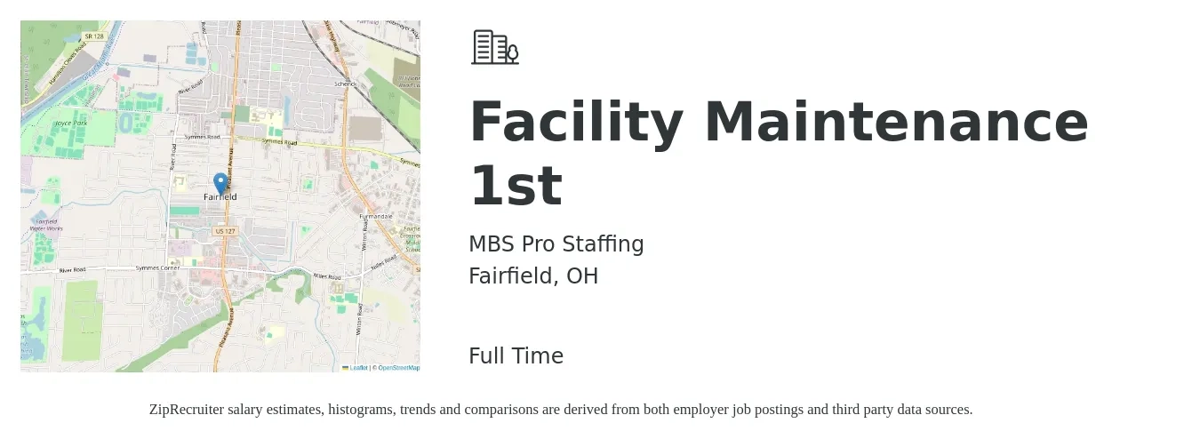MBS Pro Staffing job posting for a Facility Maintenance 1st in Fairfield, OH with a map of Fairfield location.