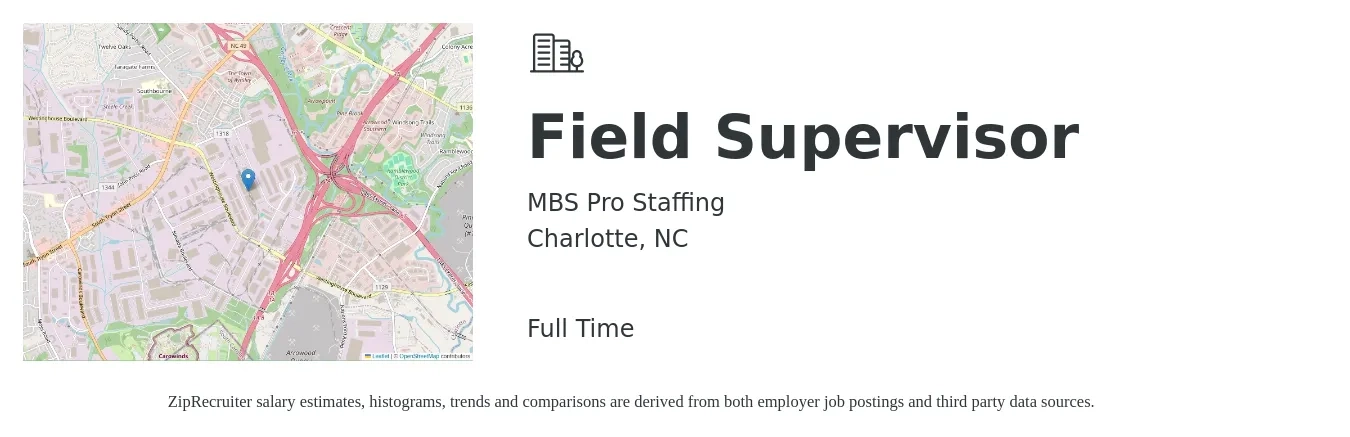 MBS Pro Staffing job posting for a Field Supervisor in Charlotte, NC with a salary of $20 to $28 Hourly with a map of Charlotte location.
