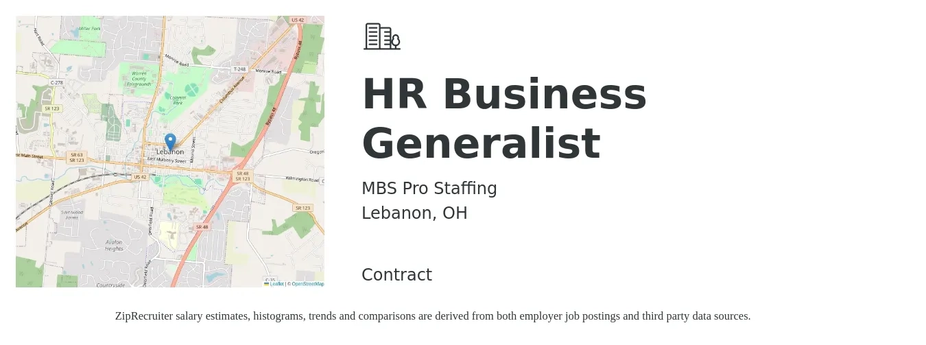 MBS Pro Staffing job posting for a HR Business Generalist in Lebanon, OH with a salary of $47,500 to $67,600 Yearly with a map of Lebanon location.