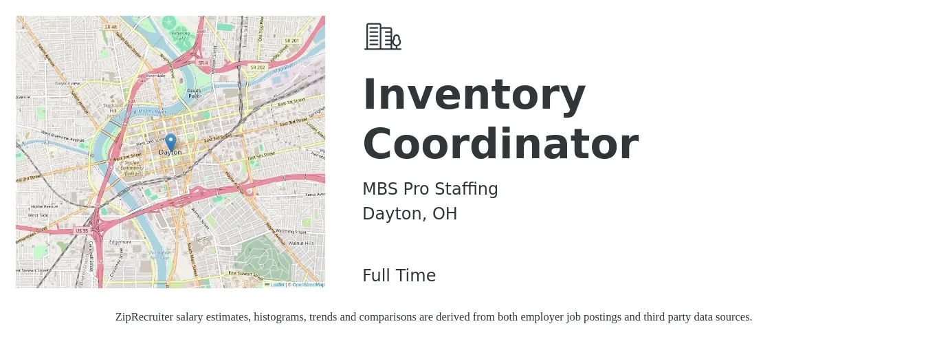 MBS Pro Staffing job posting for a Inventory Coordinator in Dayton, OH with a salary of $18 to $23 Hourly with a map of Dayton location.