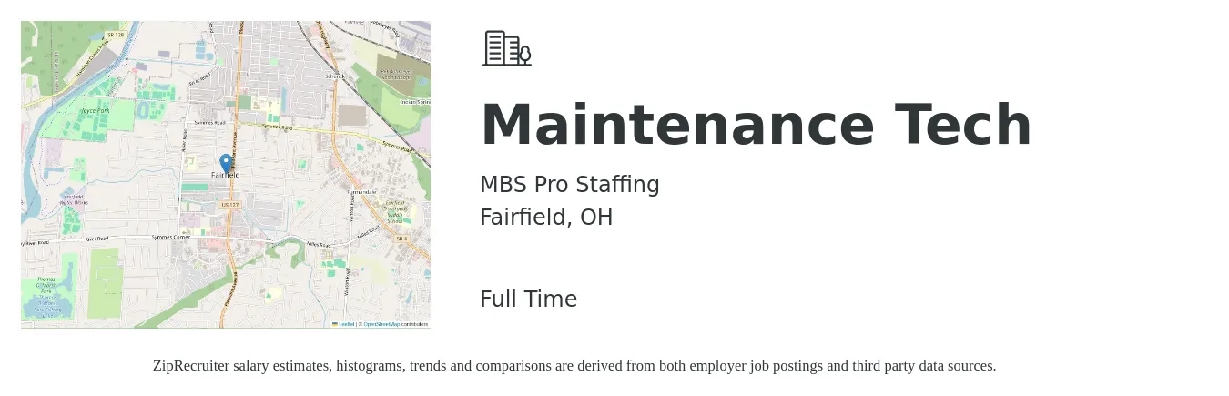 MBS Pro Staffing job posting for a Maintenance Tech in Fairfield, OH with a salary of $18 to $25 Hourly with a map of Fairfield location.