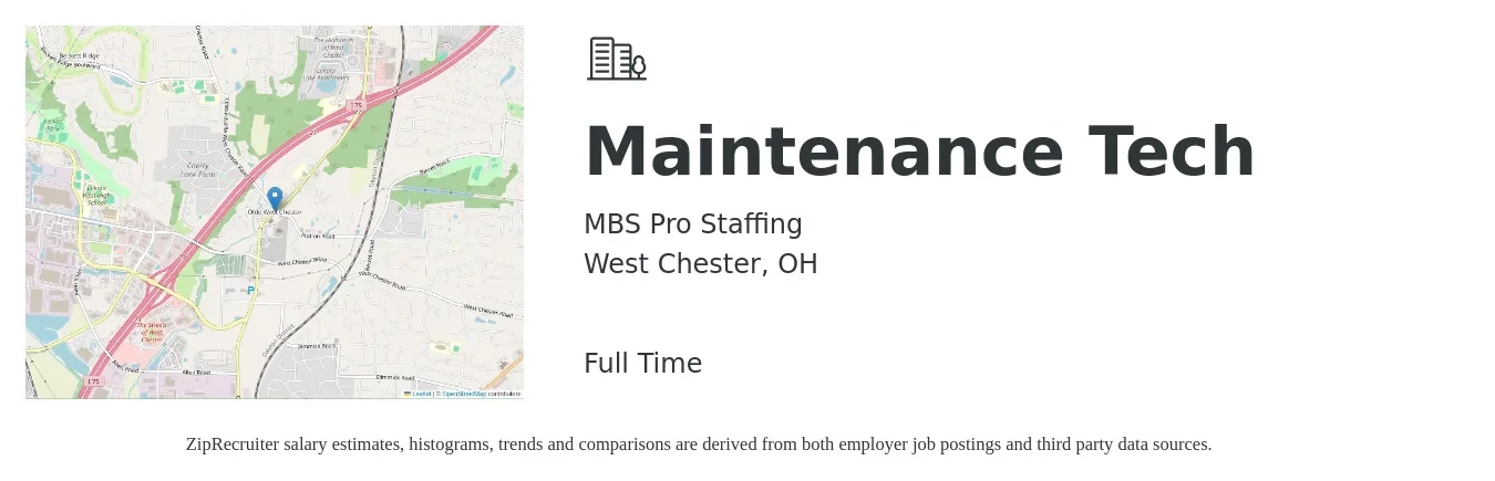 MBS Pro Staffing job posting for a Maintenance Tech in West Chester, OH with a salary of $18 to $25 Hourly with a map of West Chester location.