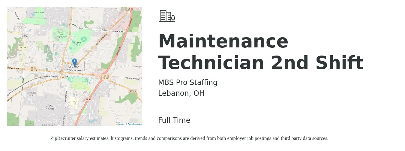 MBS Pro Staffing job posting for a Maintenance Technician 2nd Shift in Lebanon, OH with a salary of $21 to $28 Hourly with a map of Lebanon location.
