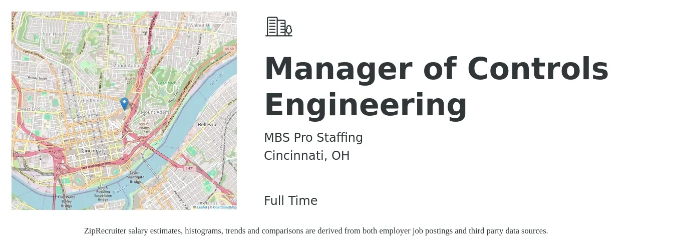 MBS Pro Staffing job posting for a Manager of Controls Engineering in Cincinnati, OH with a salary of $80,100 to $103,600 Yearly with a map of Cincinnati location.