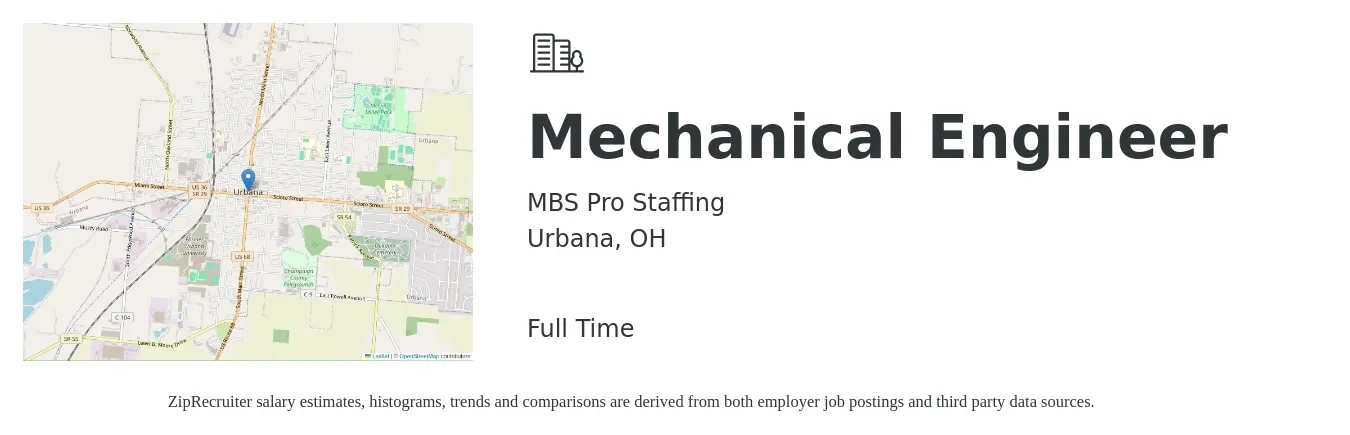 MBS Pro Staffing job posting for a Mechanical Engineer in Urbana, OH with a salary of $76,500 to $118,700 Yearly with a map of Urbana location.
