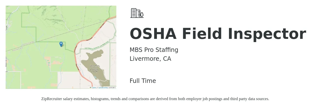 MBS Pro Staffing job posting for a OSHA Field Inspector in Livermore, CA with a salary of $24 to $35 Hourly with a map of Livermore location.