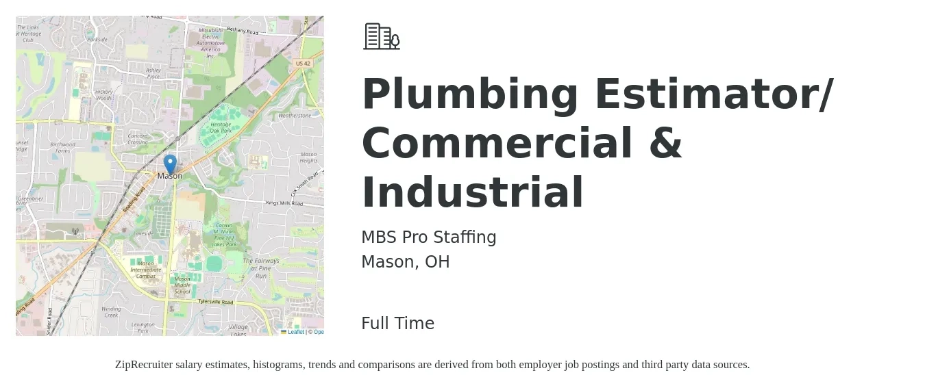 MBS Pro Staffing job posting for a Plumbing Estimator/ Commercial & Industrial in Mason, OH with a salary of $59,200 to $99,200 Yearly with a map of Mason location.