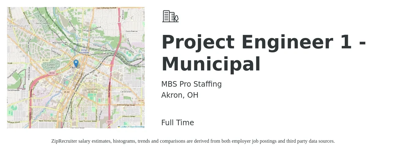 MBS Pro Staffing job posting for a Project Engineer 1 - Municipal in Akron, OH with a salary of $70,800 to $99,000 Yearly with a map of Akron location.