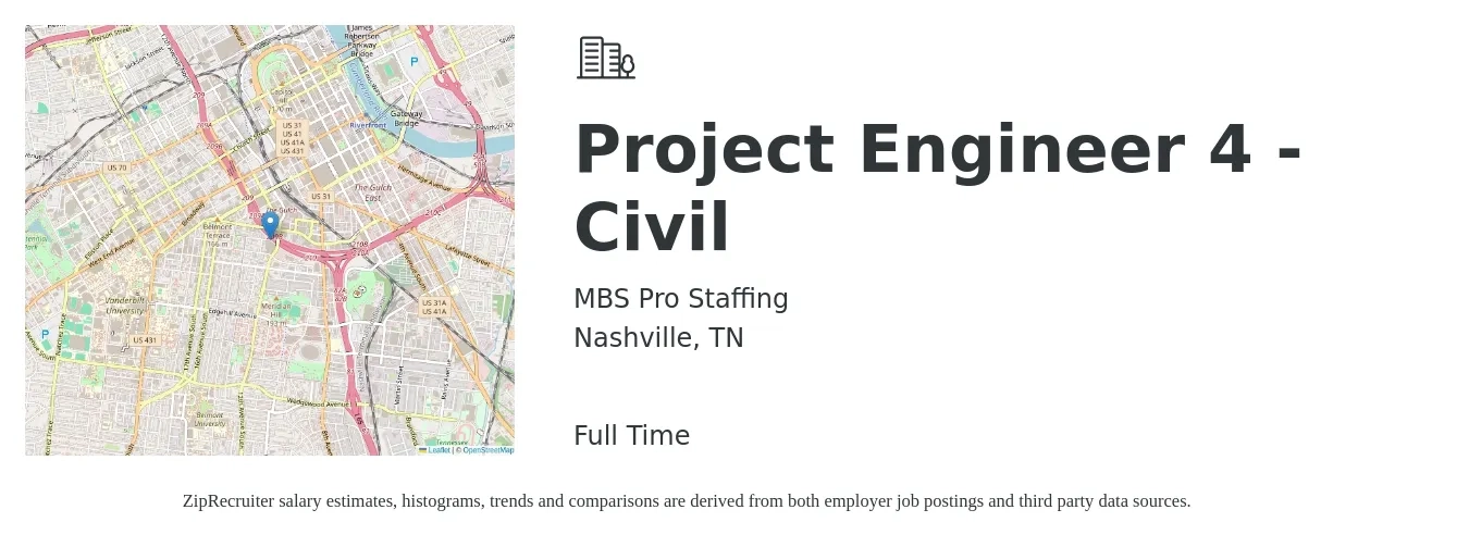 MBS Pro Staffing job posting for a Project Engineer 4 - Civil in Nashville, TN with a salary of $82,100 to $109,600 Yearly with a map of Nashville location.