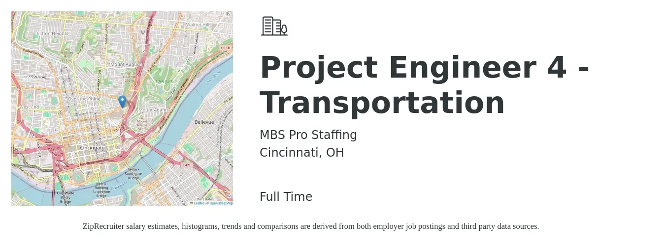 MBS Pro Staffing job posting for a Project Engineer 4 - Transportation in Cincinnati, OH with a salary of $71,000 to $99,300 Yearly with a map of Cincinnati location.