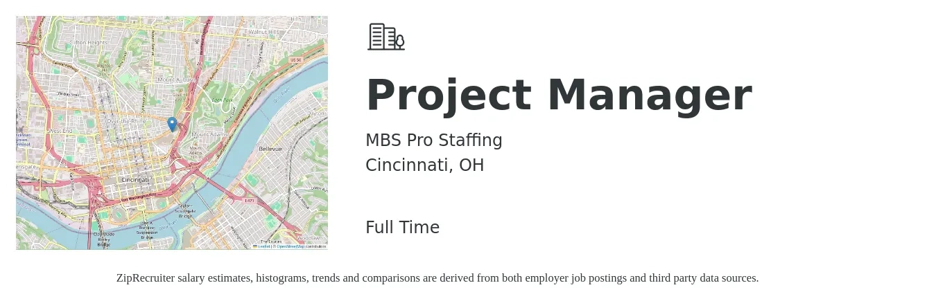 MBS Pro Staffing job posting for a Project Manager in Cincinnati, OH with a salary of $75,300 to $118,000 Yearly with a map of Cincinnati location.