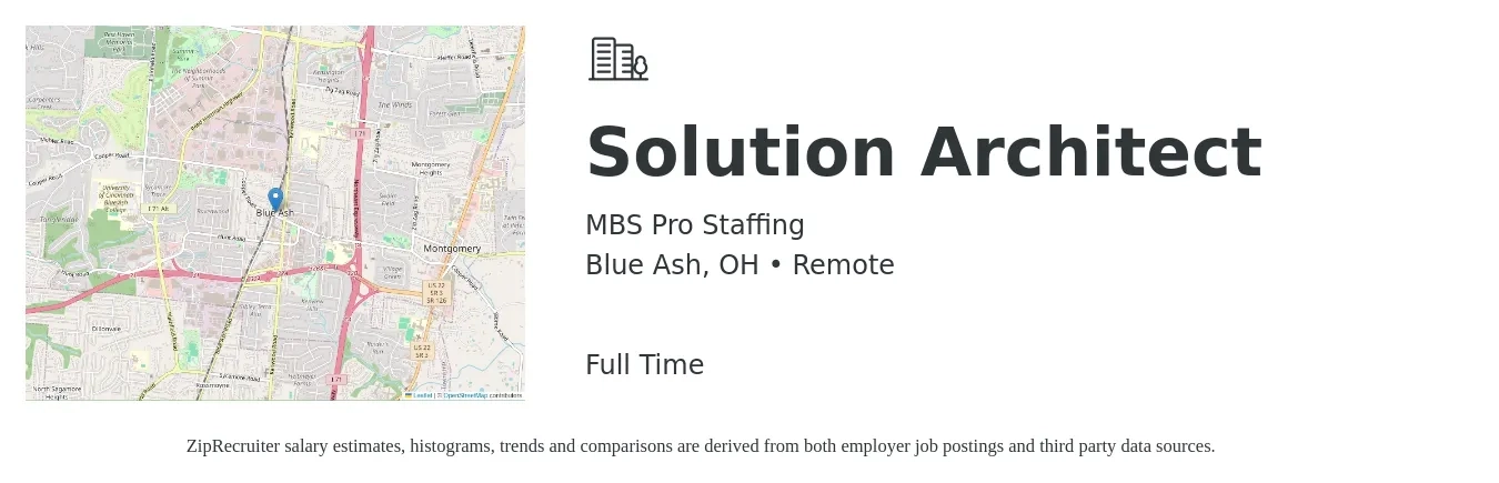 MBS Pro Staffing job posting for a Solution Architect in Blue Ash, OH with a salary of $58 to $76 Hourly with a map of Blue Ash location.