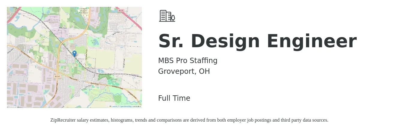 MBS Pro Staffing job posting for a Sr. Design Engineer in Groveport, OH with a salary of $105,000 to $153,900 Yearly with a map of Groveport location.