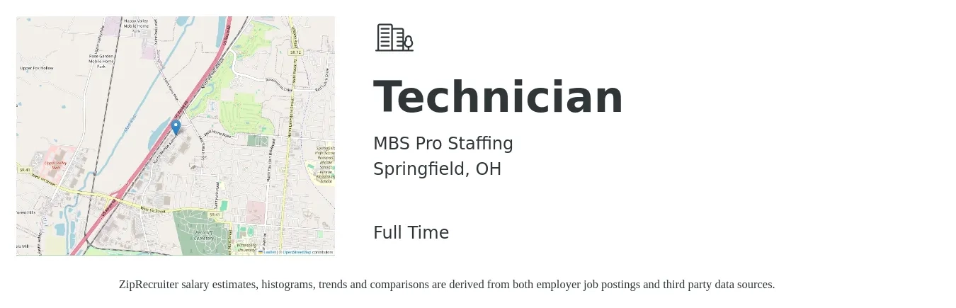 MBS Pro Staffing job posting for a Technician in Springfield, OH with a salary of $17 to $24 Hourly with a map of Springfield location.