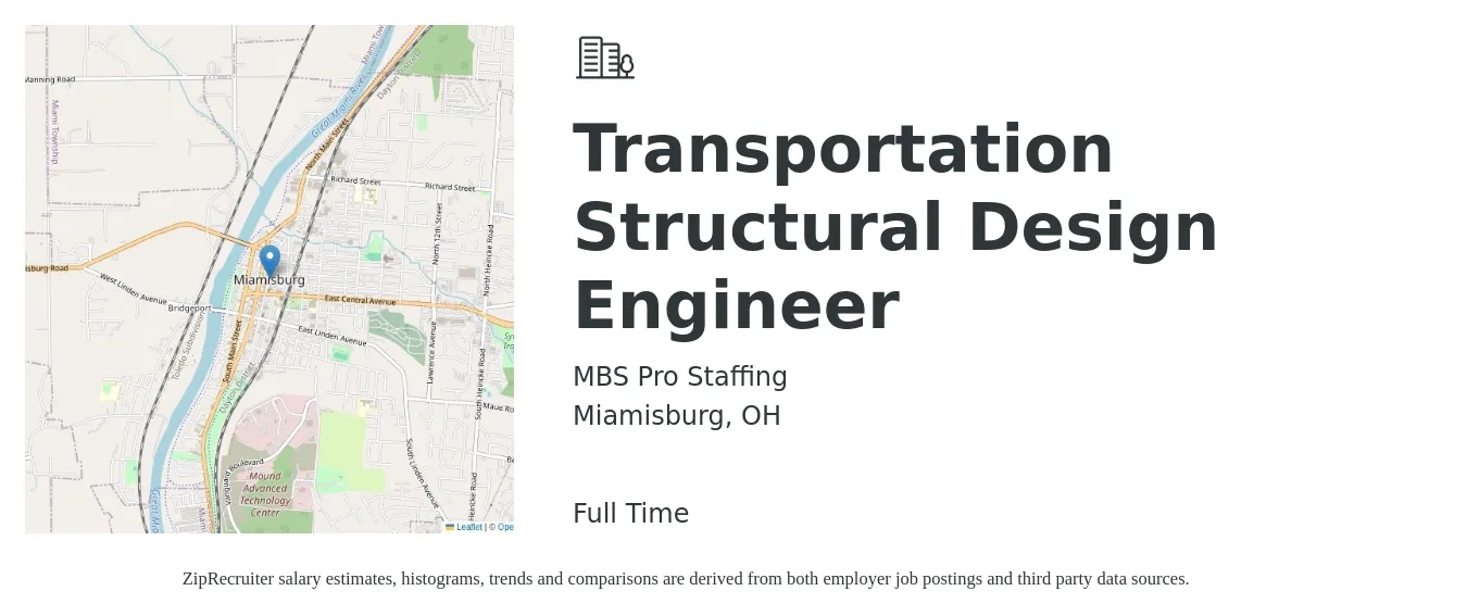 MBS Pro Staffing job posting for a Transportation Structural Design Engineer in Miamisburg, OH with a salary of $66,400 to $118,400 Yearly with a map of Miamisburg location.