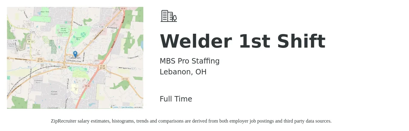MBS Pro Staffing job posting for a Welder 1st Shift in Lebanon, OH with a salary of $18 to $24 Hourly with a map of Lebanon location.