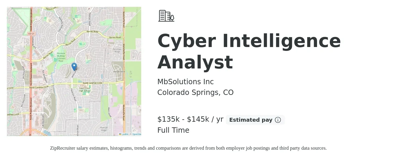 Mb Solutions Inc. job posting for a Cyber Intelligence Analyst in Colorado Springs, CO with a salary of $135,000 to $145,000 Yearly with a map of Colorado Springs location.