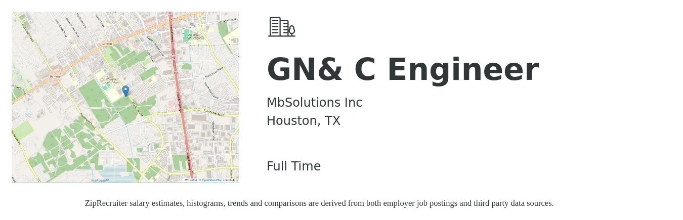 MbSolutions Inc job posting for a GN& C Engineer in Houston, TX with a salary of $65,400 to $100,200 Yearly with a map of Houston location.
