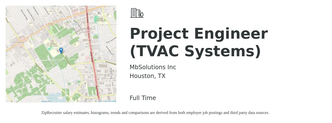 MbSolutions Inc job posting for a Project Engineer (TVAC Systems) in Houston, TX with a salary of $73,000 to $109,300 Yearly with a map of Houston location.