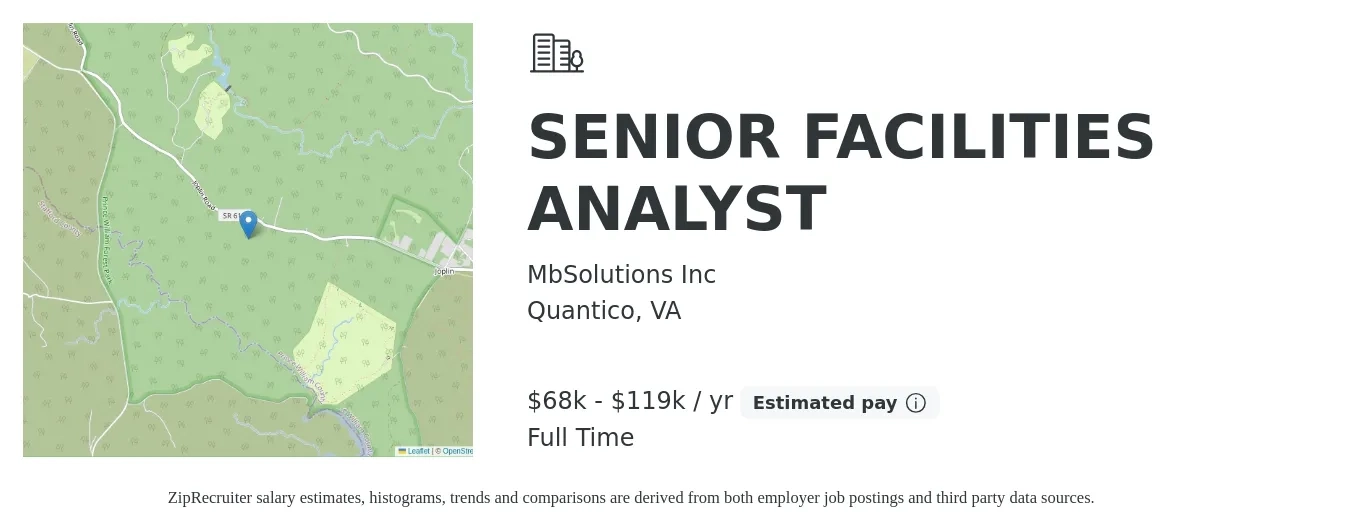 MbSolutions Inc job posting for a SENIOR FACILITIES ANALYST in Quantico, VA with a salary of $68,400 to $119,700 Yearly with a map of Quantico location.