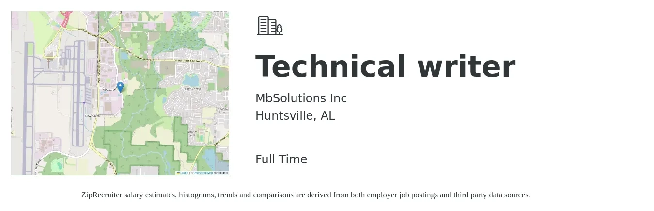 MbSolutions Inc job posting for a Technical writer in Huntsville, AL with a salary of $28 to $46 Hourly with a map of Huntsville location.