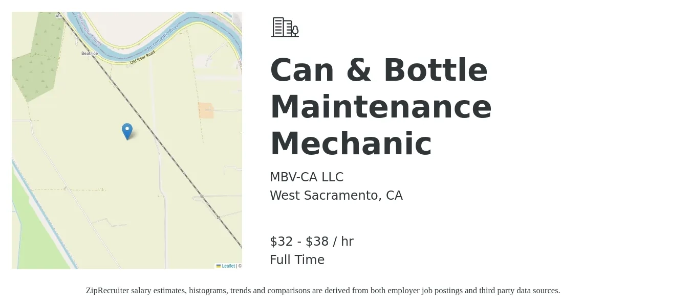MBV-CA LLC job posting for a Can & Bottle Maintenance Mechanic in West Sacramento, CA with a salary of $33 to $40 Hourly with a map of West Sacramento location.