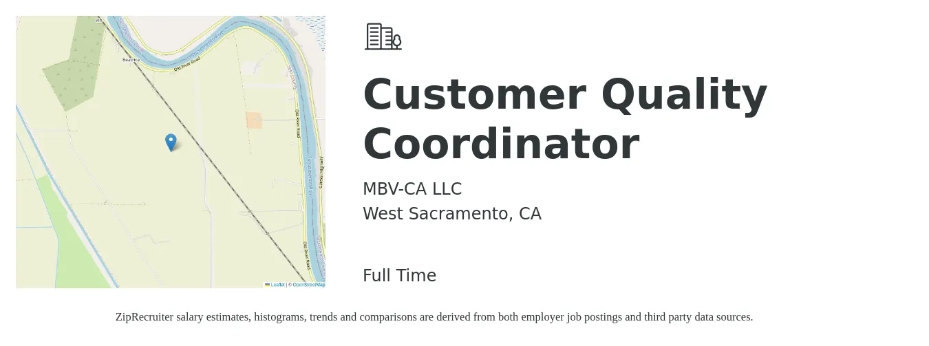 MBV-CA LLC job posting for a Customer Quality Coordinator in West Sacramento, CA with a salary of $22 to $34 Hourly with a map of West Sacramento location.