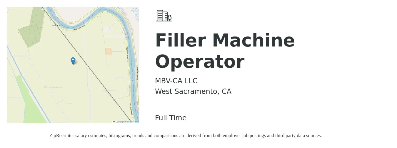 MBV-CA LLC job posting for a Filler Machine Operator in West Sacramento, CA with a salary of $18 to $26 Hourly with a map of West Sacramento location.