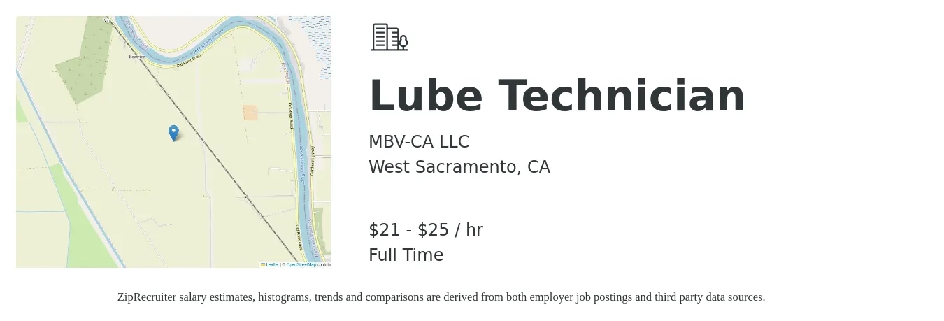 MBV-CA LLC job posting for a Lube Technician in West Sacramento, CA with a salary of $23 to $26 Hourly with a map of West Sacramento location.