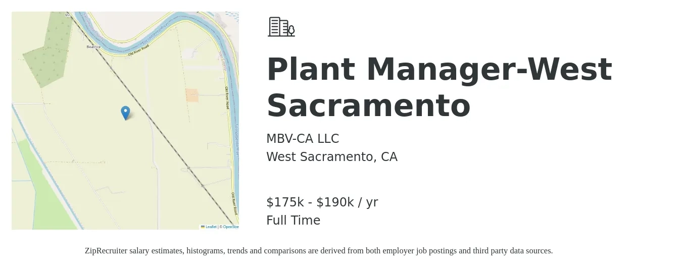 MBV-CA LLC job posting for a Plant Manager-West Sacramento in West Sacramento, CA with a salary of $155,500 to $174,300 Yearly with a map of West Sacramento location.