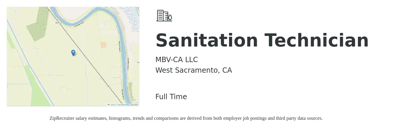 MBV-CA LLC job posting for a Sanitation Technician in West Sacramento, CA with a salary of $18 to $21 Hourly with a map of West Sacramento location.