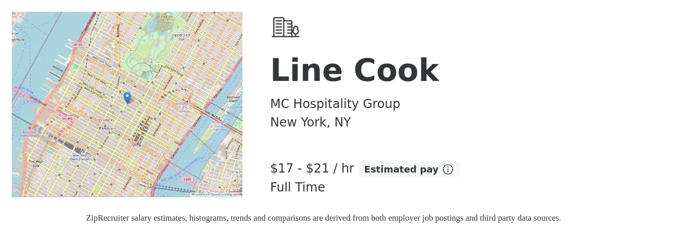 MC Hospitality Group job posting for a Line Cook in New York, NY with a salary of $18 to $22 Hourly with a map of New York location.