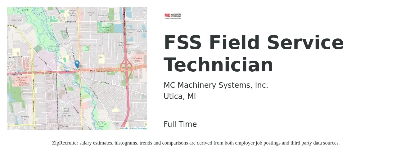 MC Machinery Systems, Inc. job posting for a FSS Field Service Technician in Utica, MI with a salary of $18 to $27 Hourly with a map of Utica location.
