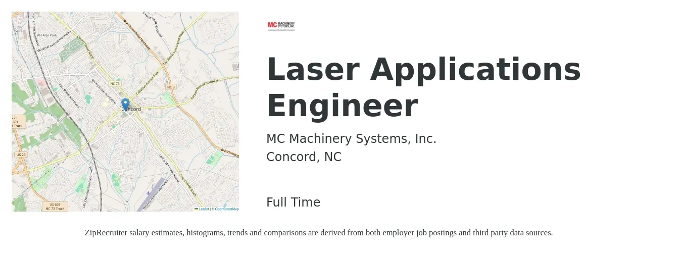 MC Machinery Systems, Inc. job posting for a Laser Applications Engineer in Concord, NC with a salary of $76,400 to $122,800 Yearly with a map of Concord location.