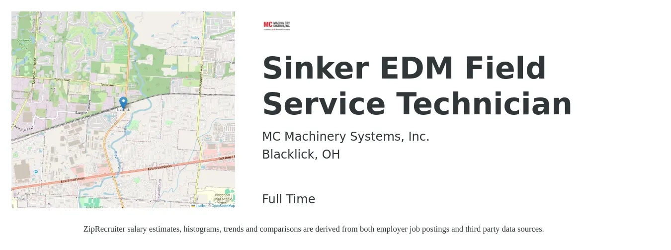 MC Machinery Systems, Inc. job posting for a Sinker EDM Field Service Technician in Blacklick, OH with a salary of $19 to $29 Hourly with a map of Blacklick location.