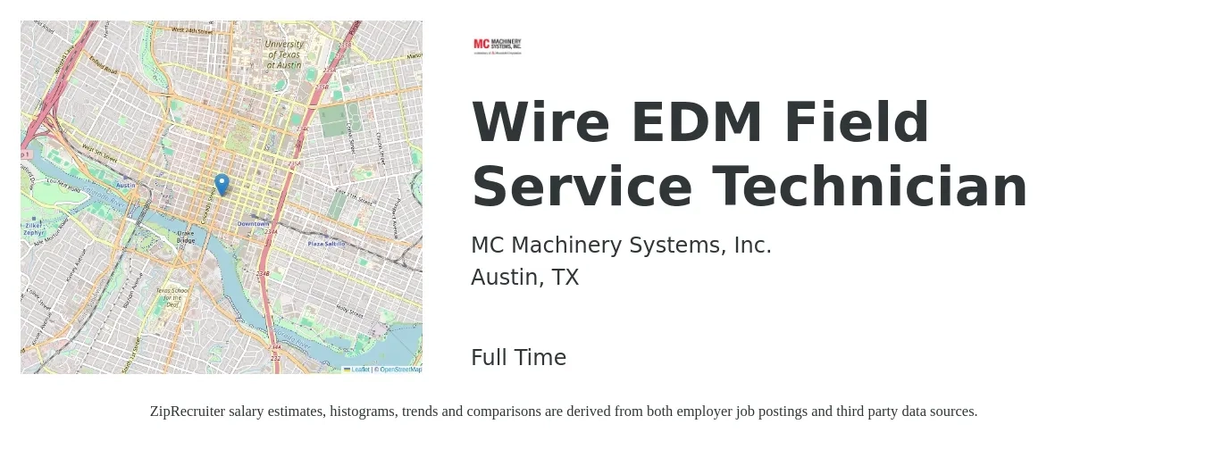 MC Machinery Systems, Inc. job posting for a Wire EDM Field Service Technician in Austin, TX with a salary of $20 to $29 Hourly with a map of Austin location.