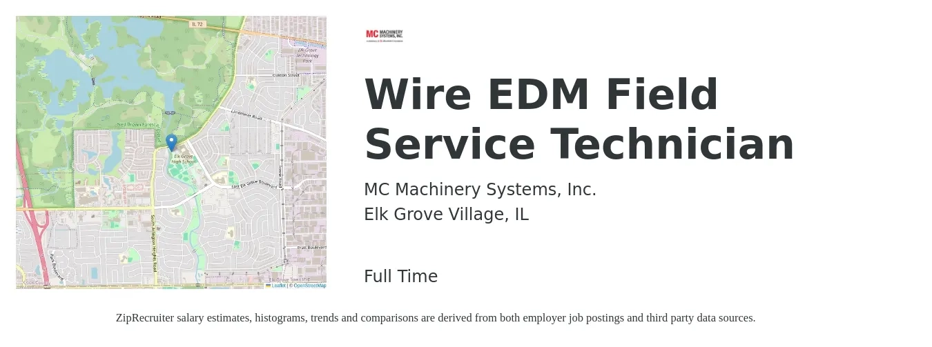 MC Machinery Systems, Inc. job posting for a Wire EDM Field Service Technician in Elk Grove Village, IL with a salary of $20 to $29 Hourly with a map of Elk Grove Village location.
