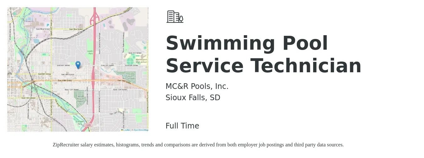 MC&R Pools, Inc. job posting for a Swimming Pool Service Technician in Sioux Falls, SD with a salary of $16 to $22 Hourly with a map of Sioux Falls location.