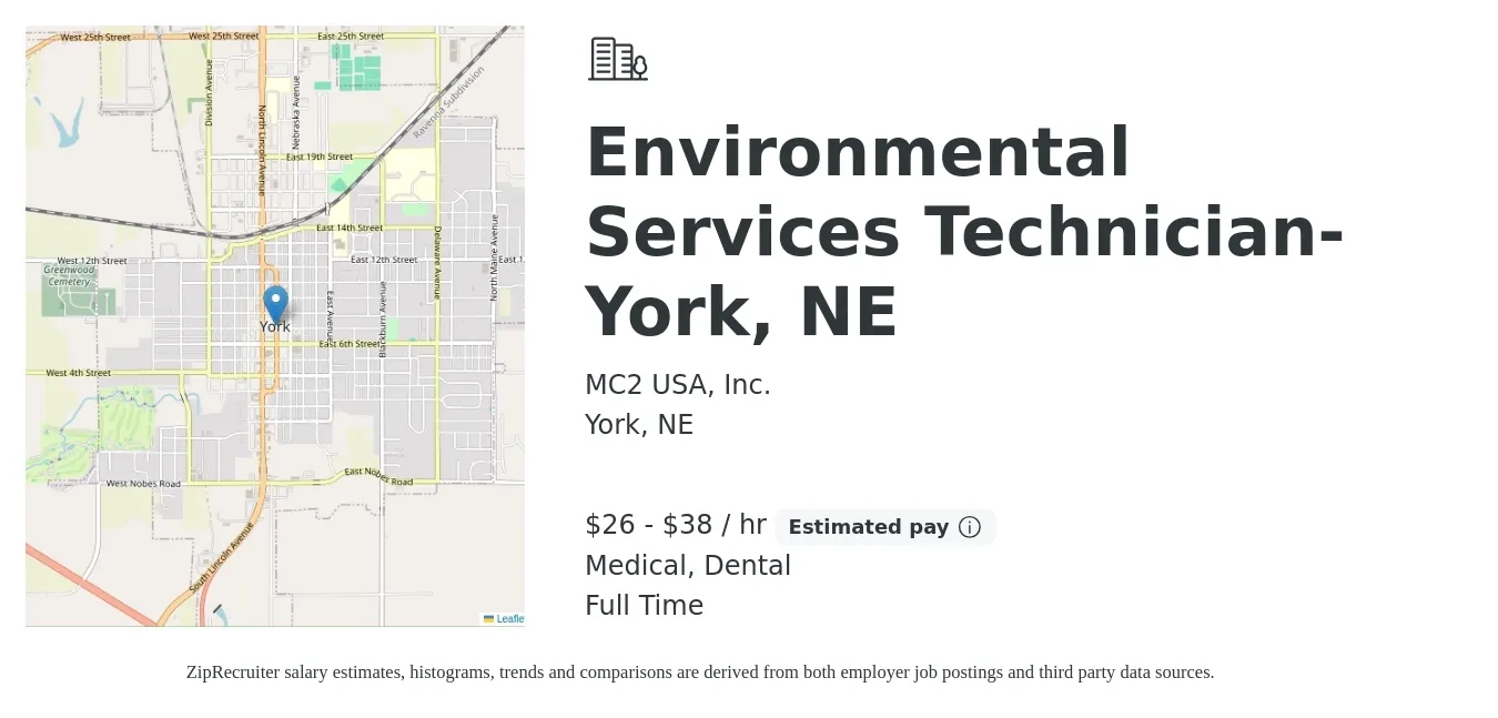MC2 USA, Inc. job posting for a Environmental Services Technician-York, NE in York, NE with a salary of $28 to $40 Hourly and benefits including dental, life_insurance, medical, pto, and retirement with a map of York location.