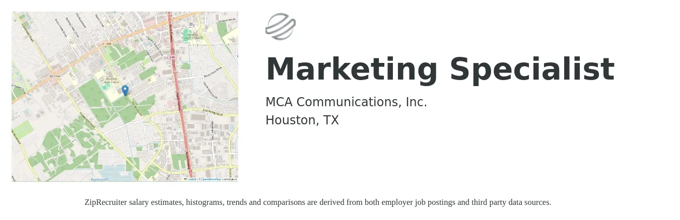 MCA Communications, Inc. job posting for a Marketing Specialist in Houston, TX with a salary of $41,100 to $60,600 Yearly with a map of Houston location.