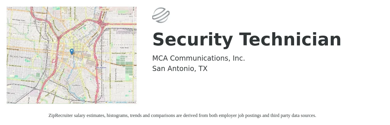 MCA Communications, Inc. job posting for a Security Technician in San Antonio, TX with a salary of $19 to $27 Hourly with a map of San Antonio location.