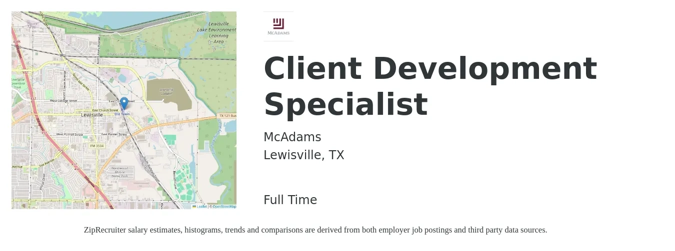 McAdams job posting for a Client Development Specialist in Lewisville, TX with a salary of $48,100 to $92,500 Yearly with a map of Lewisville location.