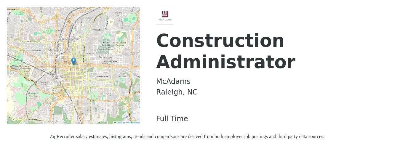 McAdams job posting for a Construction Administrator in Raleigh, NC with a salary of $49,600 to $76,800 Yearly with a map of Raleigh location.