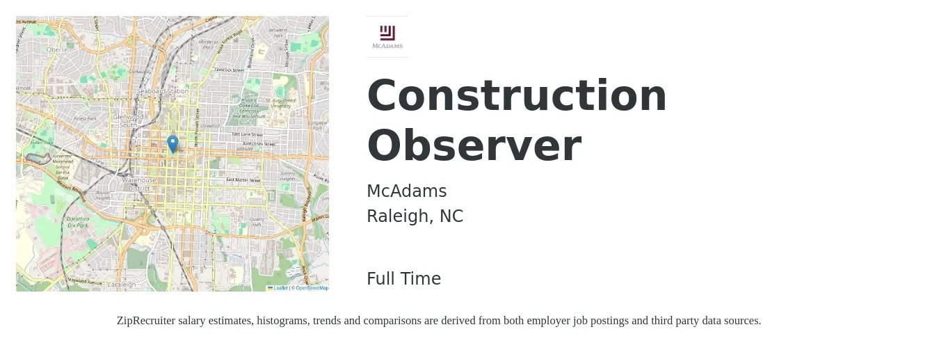McAdams job posting for a Construction Observer in Raleigh, NC with a salary of $69,000 to $112,300 Yearly with a map of Raleigh location.