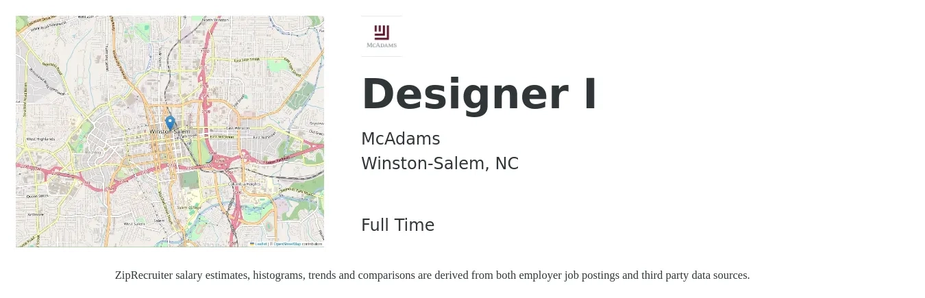 McAdams job posting for a Designer I in Winston-Salem, NC with a salary of $62,300 to $86,700 Yearly with a map of Winston-Salem location.