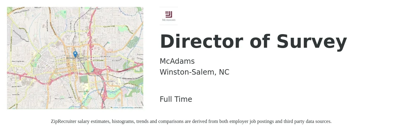 McAdams job posting for a Director of Survey in Winston-Salem, NC with a salary of $115,300 to $132,400 Yearly with a map of Winston-Salem location.