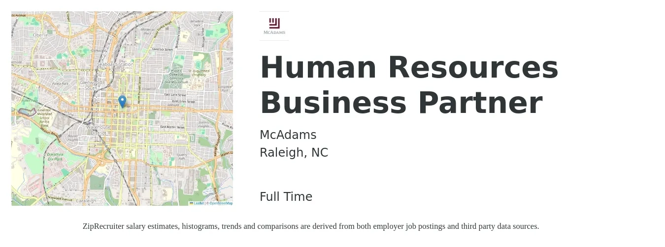 McAdams job posting for a Human Resources Business Partner in Raleigh, NC with a salary of $70,000 to $99,600 Yearly with a map of Raleigh location.