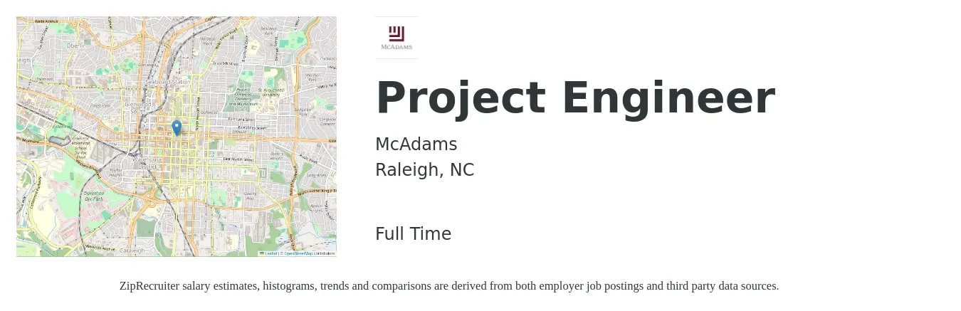 McAdams job posting for a Project Engineer in Raleigh, NC with a salary of $71,900 to $100,600 Yearly with a map of Raleigh location.