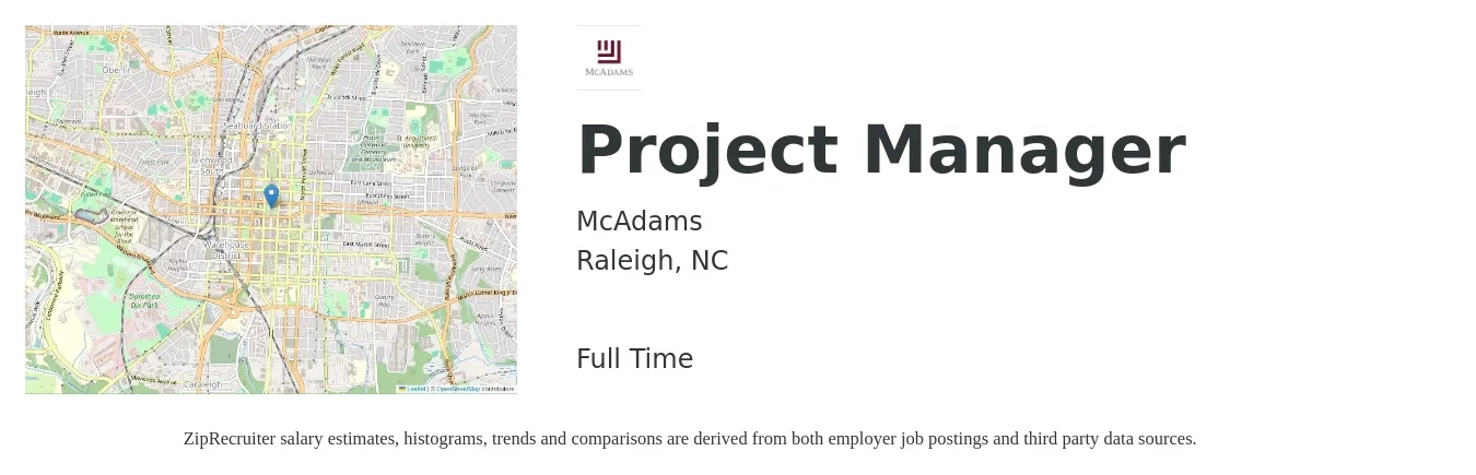 McAdams job posting for a Project Manager in Raleigh, NC with a salary of $76,300 to $119,600 Yearly with a map of Raleigh location.